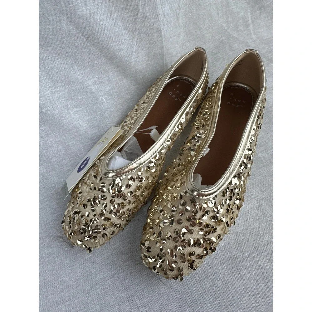 A New Day Womens Gold Sequin Ballet Flats‎ Memory Foam Slip On Shoes Size 6 NEW